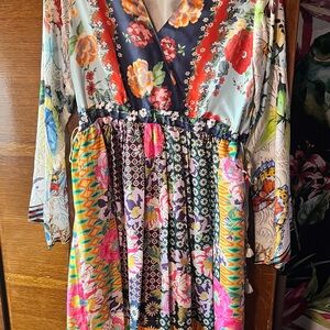 Johnny Was Silk Floral Multicolor Long Sleeve Dress
